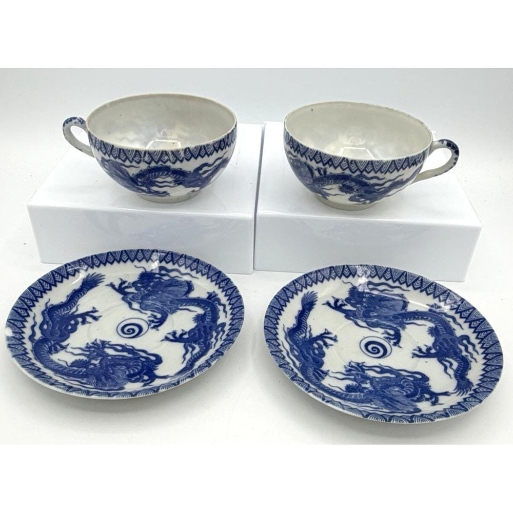 2 Blue White Dragon Imari Tea Cup & Saucer Sets Occupied Japan *One Chip*